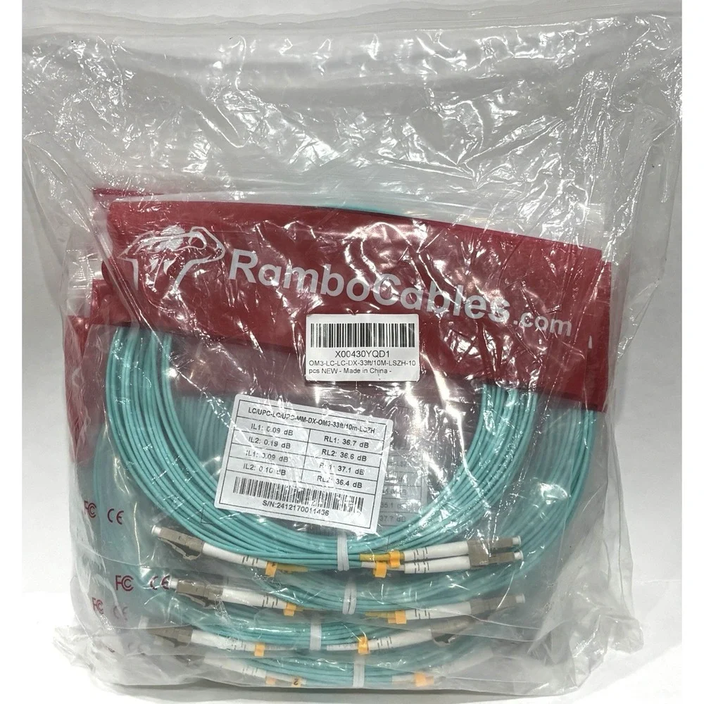 Lot of 10 RamboCables LC/UPC Duplex OM3 Multimode Fiber Cable 33ft 10m LSZH New